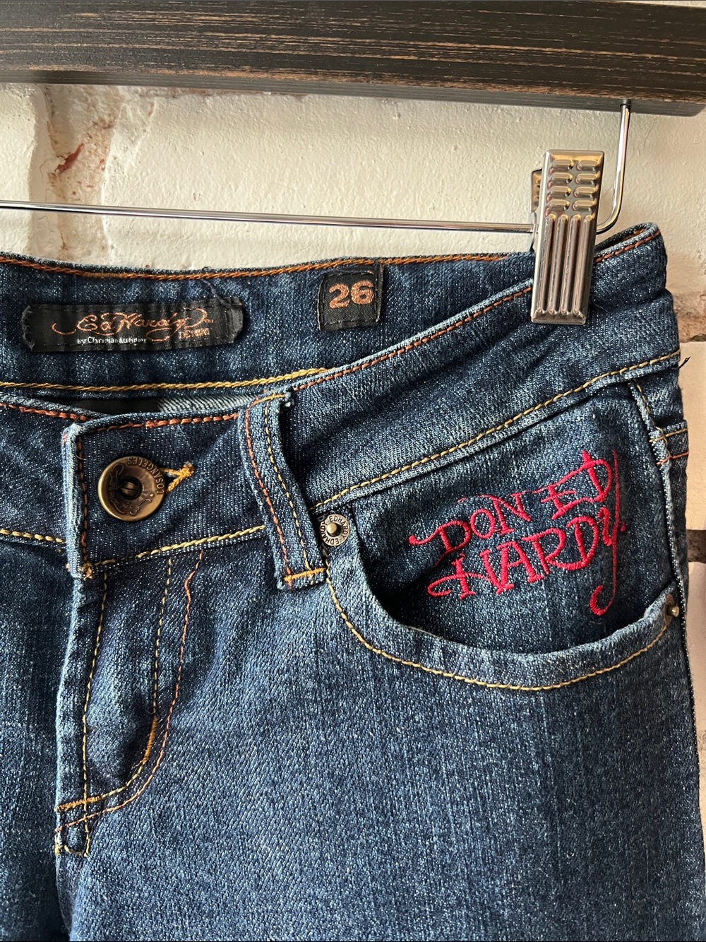 Ed Hardy Dark Blue Skinny Jeans with Skull & Rose Artwork - Picture 2 of 4